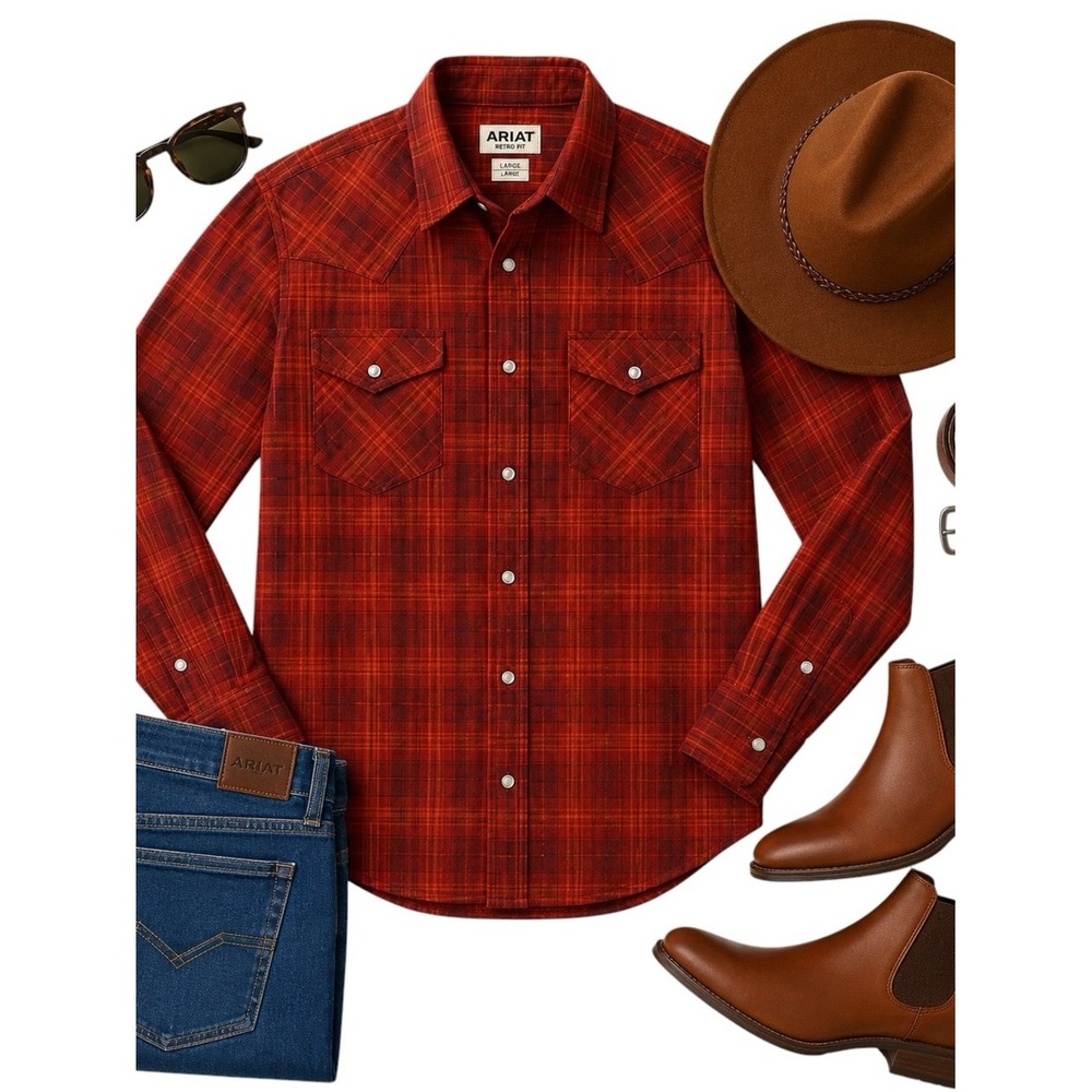 Ariat Retro Fit Red Plaid Western Snap Shirt Mens Large Cowboy Ranch in EUC